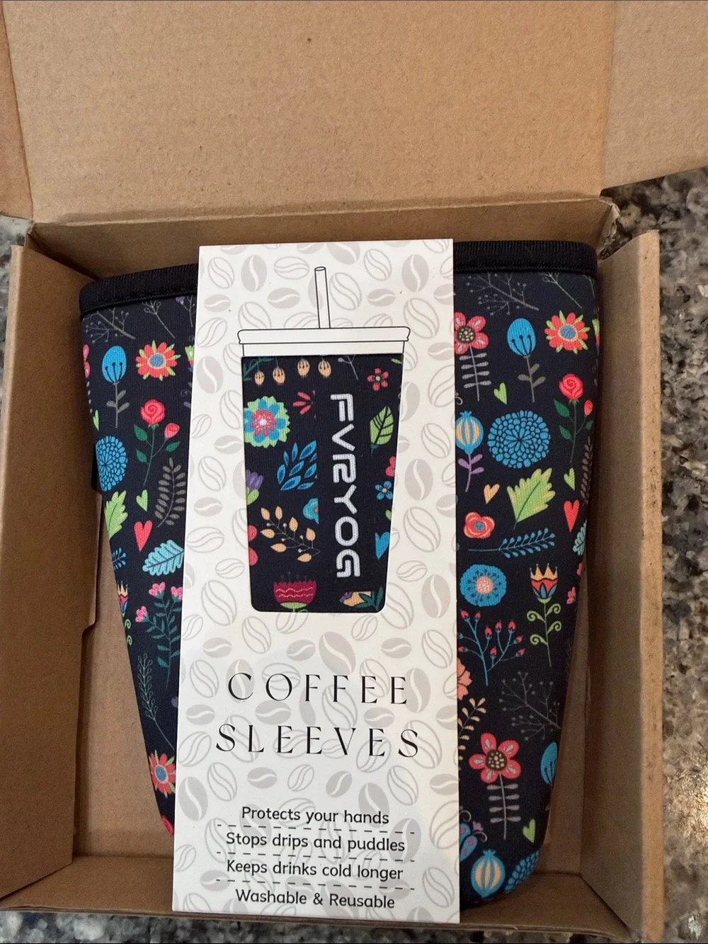 Black Floral Neoprene Coffee Sleeve. Washable & Reusable. Keeps drink cold/hot.